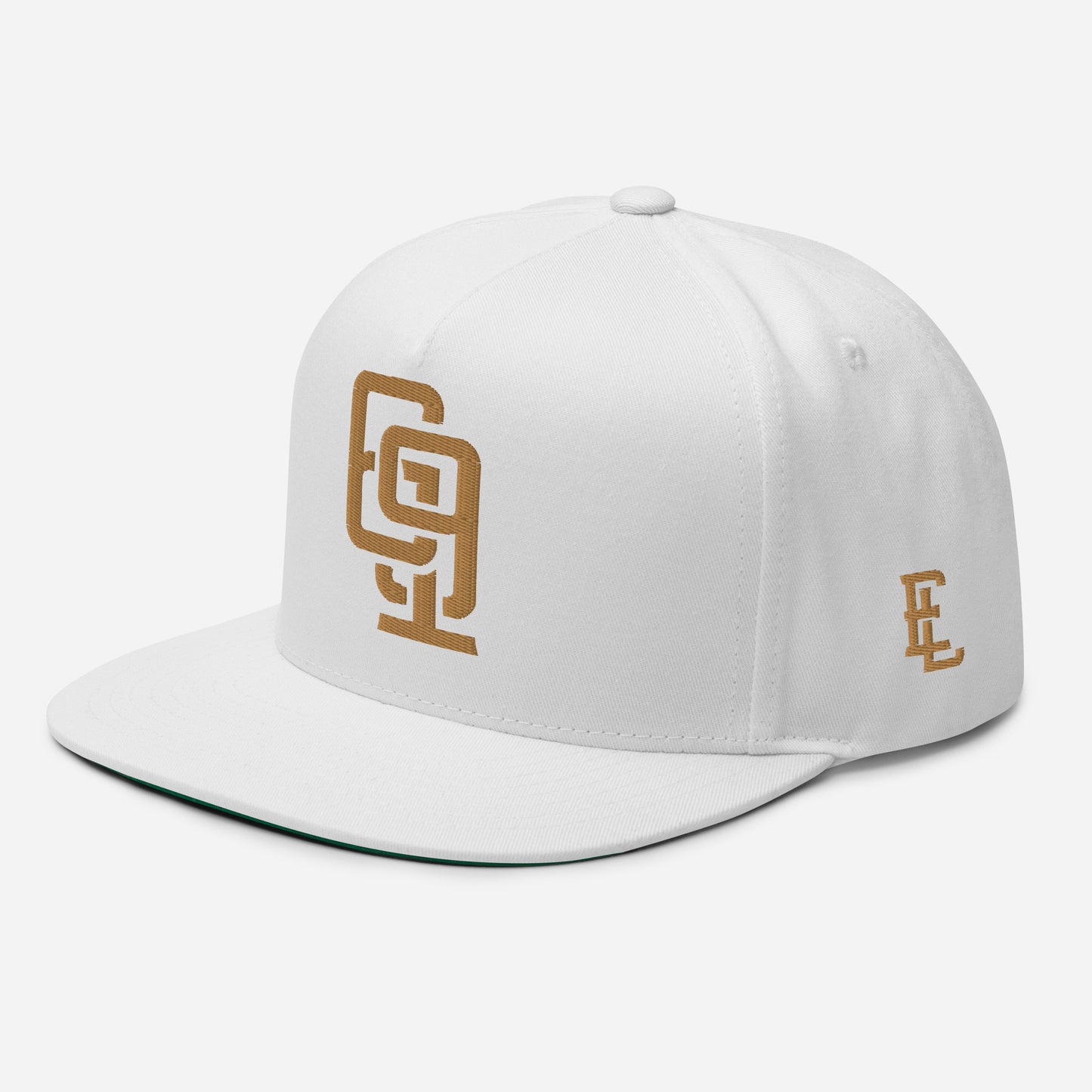 "619" Flat Bill Cap | Yupoong 6007 | E Luna Brand ESSENTIAL Duocrest 2 Old Gold Thread Logos: Front & Left