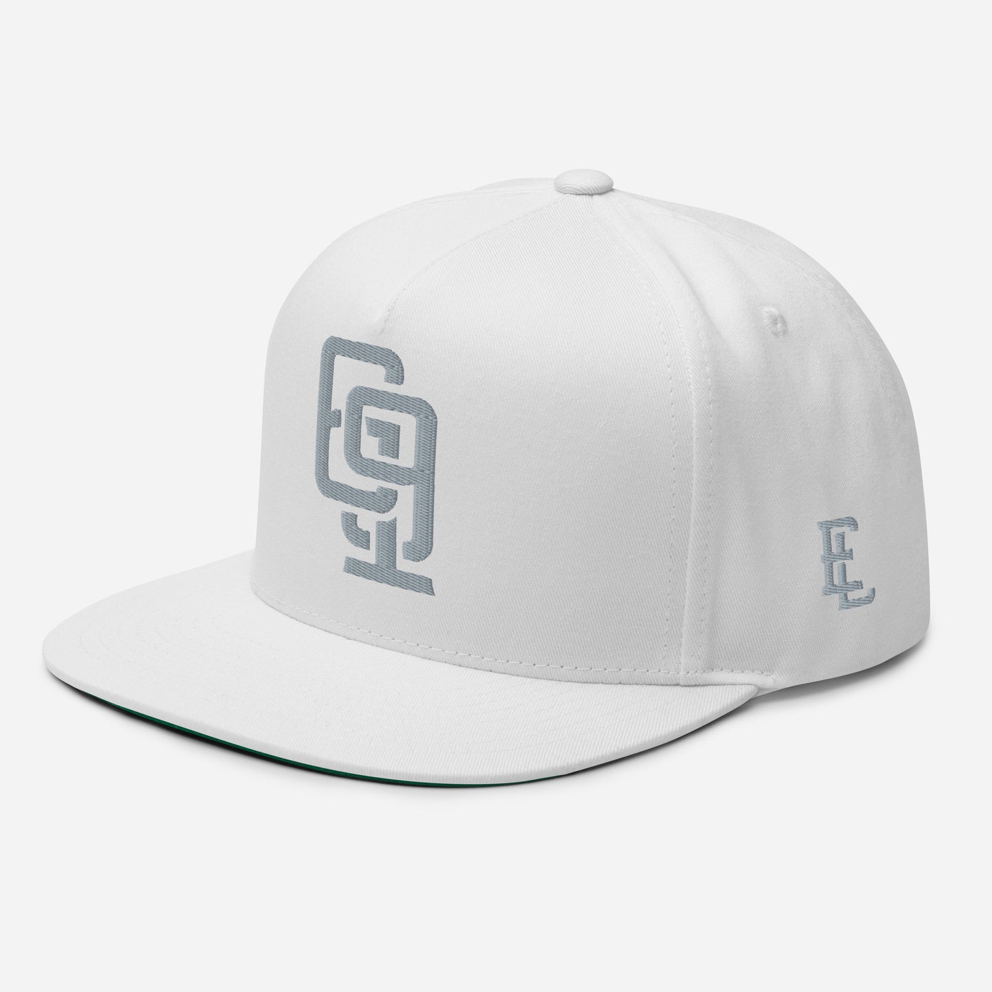 "619" Flat Bill Cap | Yupoong 6007 | E Luna Brand ESSENTIAL Duocrest 2 Grey Thread Logos: Front & Left
