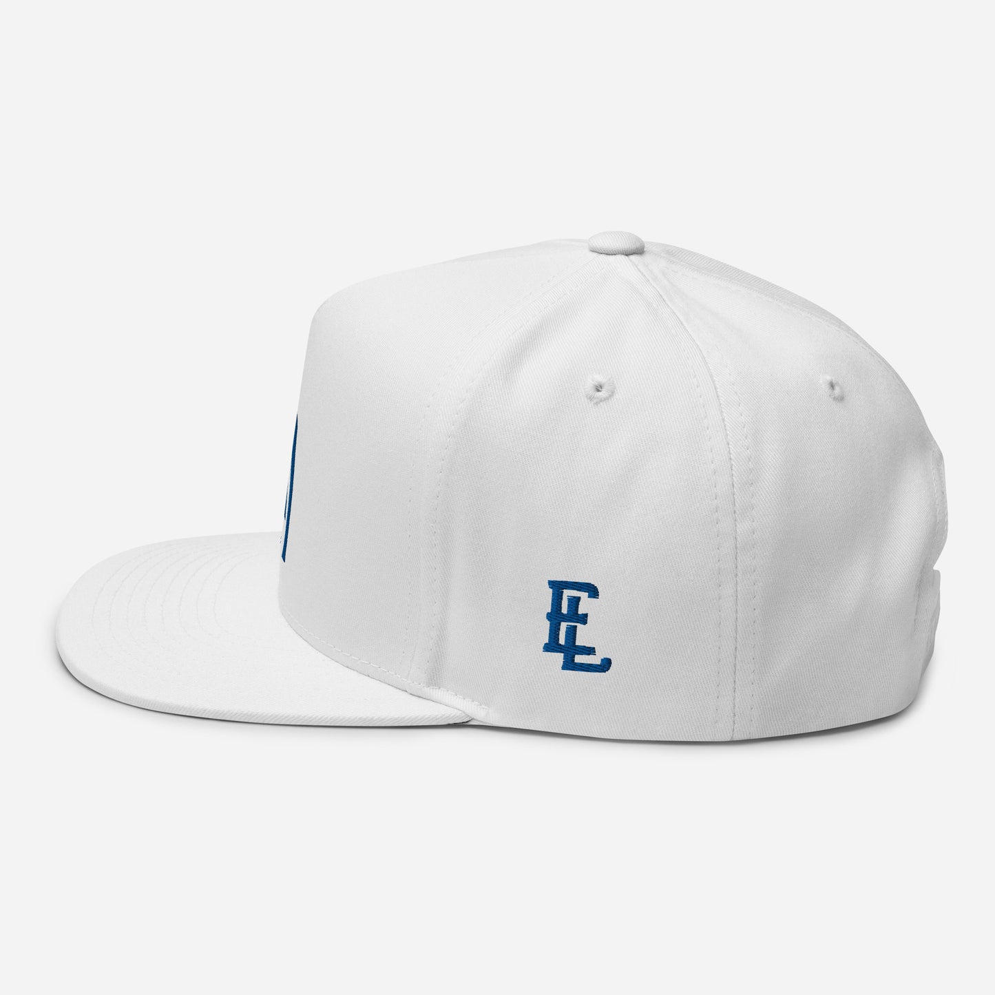 "SAN" Flat Bill Cap | Yupoong 6007 | E Luna Brand ESSENTIAL Duocrest 2 Royal Thread Logos: Front & Left