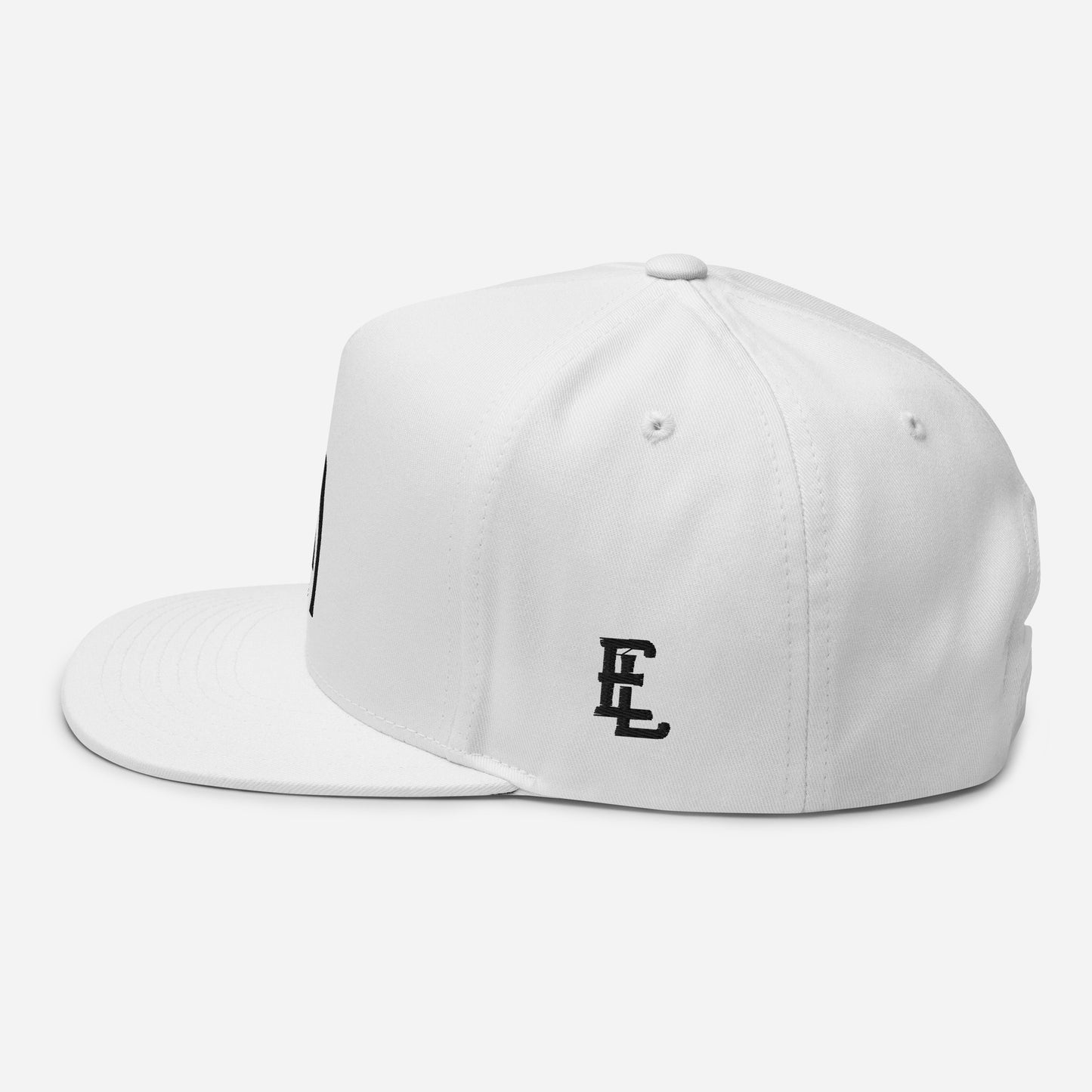 "SAN" Flat Bill Cap | Yupoong 6007 | E Luna Brand ESSENTIAL Duocrest 2 Black Thread Logos: Front & Left