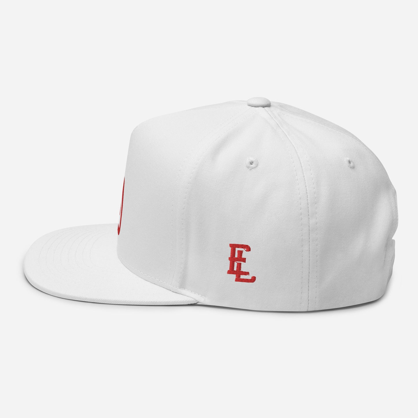 "DGO" Flat Bill Cap | Yupoong 6007 | E Luna Brand ESSENTIAL Duocrest 2 Red Thread Logos: Front & Left