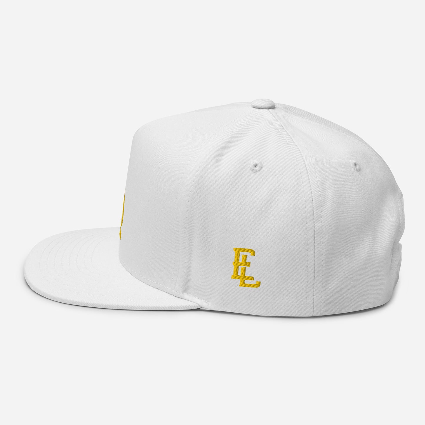 "619" Flat Bill Cap | Yupoong 6007 | E Luna Brand ESSENTIAL Duocrest 2 Gold Thread Logos: Front & Left