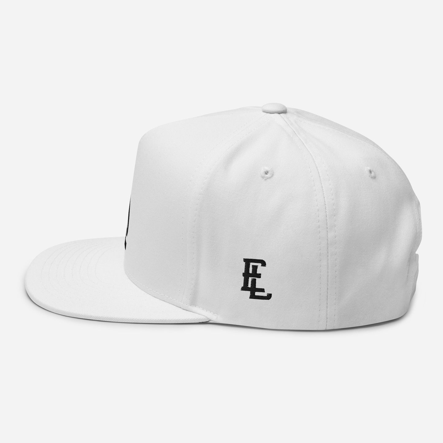 "619" Flat Bill Cap | Yupoong 6007 | E Luna Brand ESSENTIAL Duocrest 2 Black Thread Logos: Front & Left