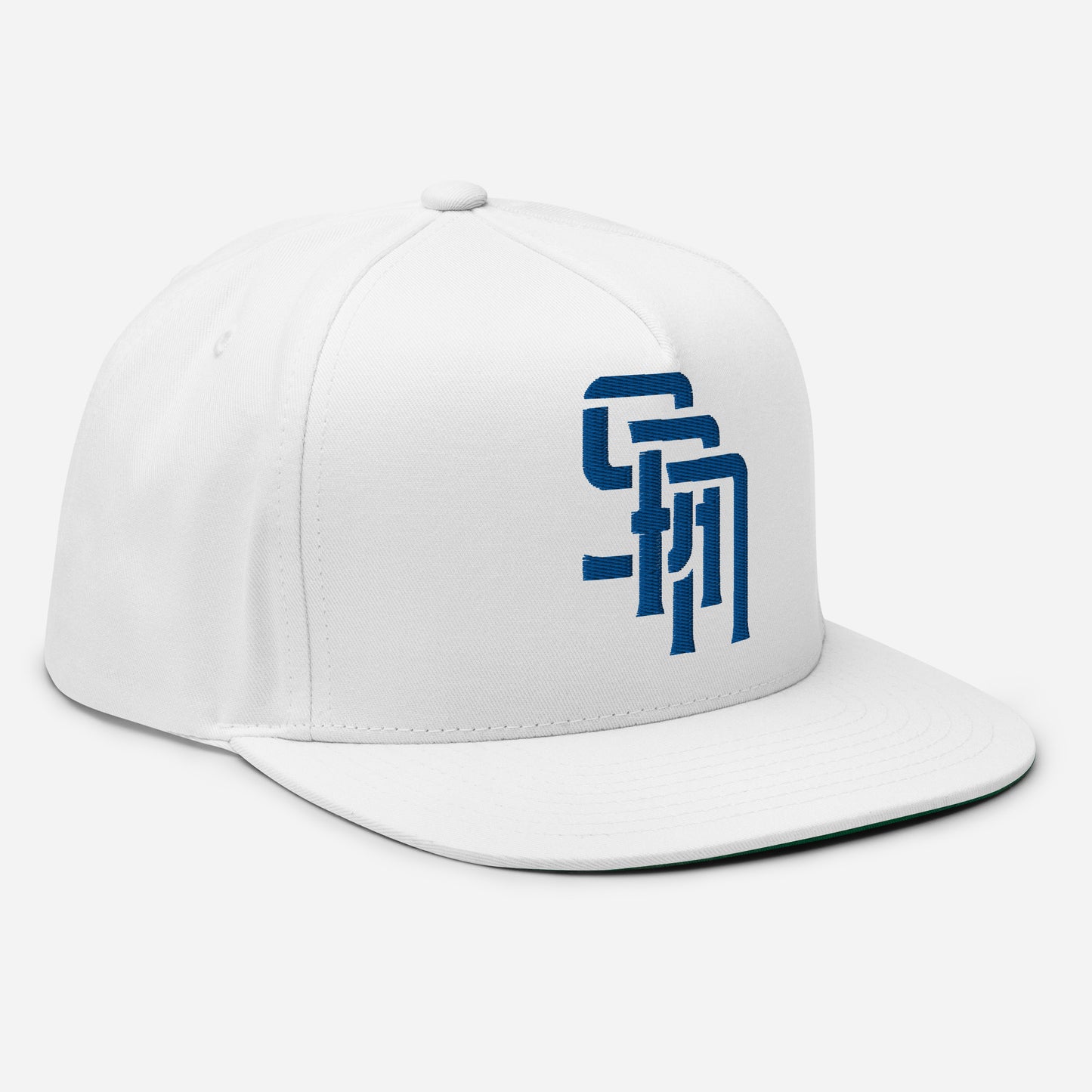"SAN" Flat Bill Cap | Yupoong 6007 | E Luna Brand ESSENTIAL Duocrest 2 Royal Thread Logos: Front & Left