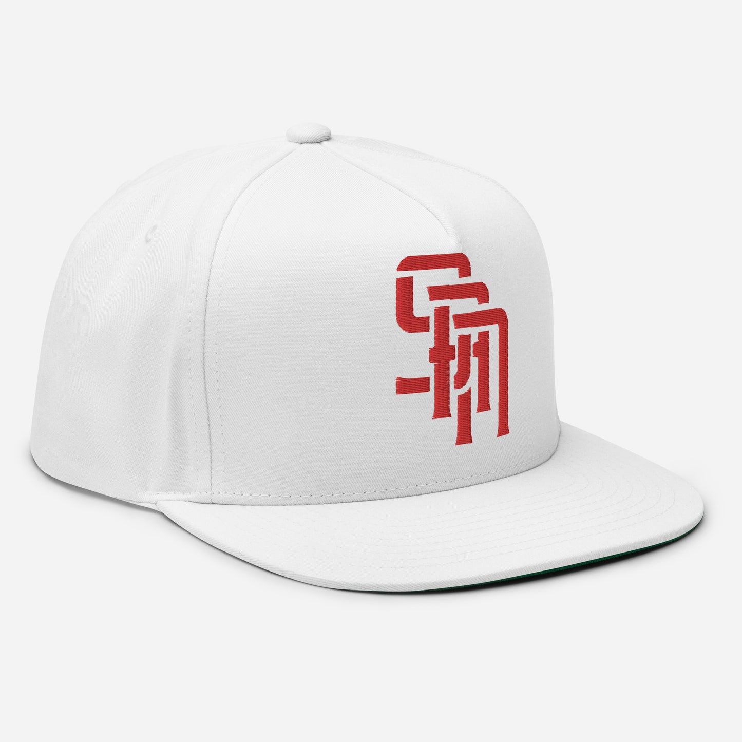 "SAN" Flat Bill Cap | Yupoong 6007 | E Luna Brand ESSENTIAL Duocrest 2 Red Thread Logos: Front & Left
