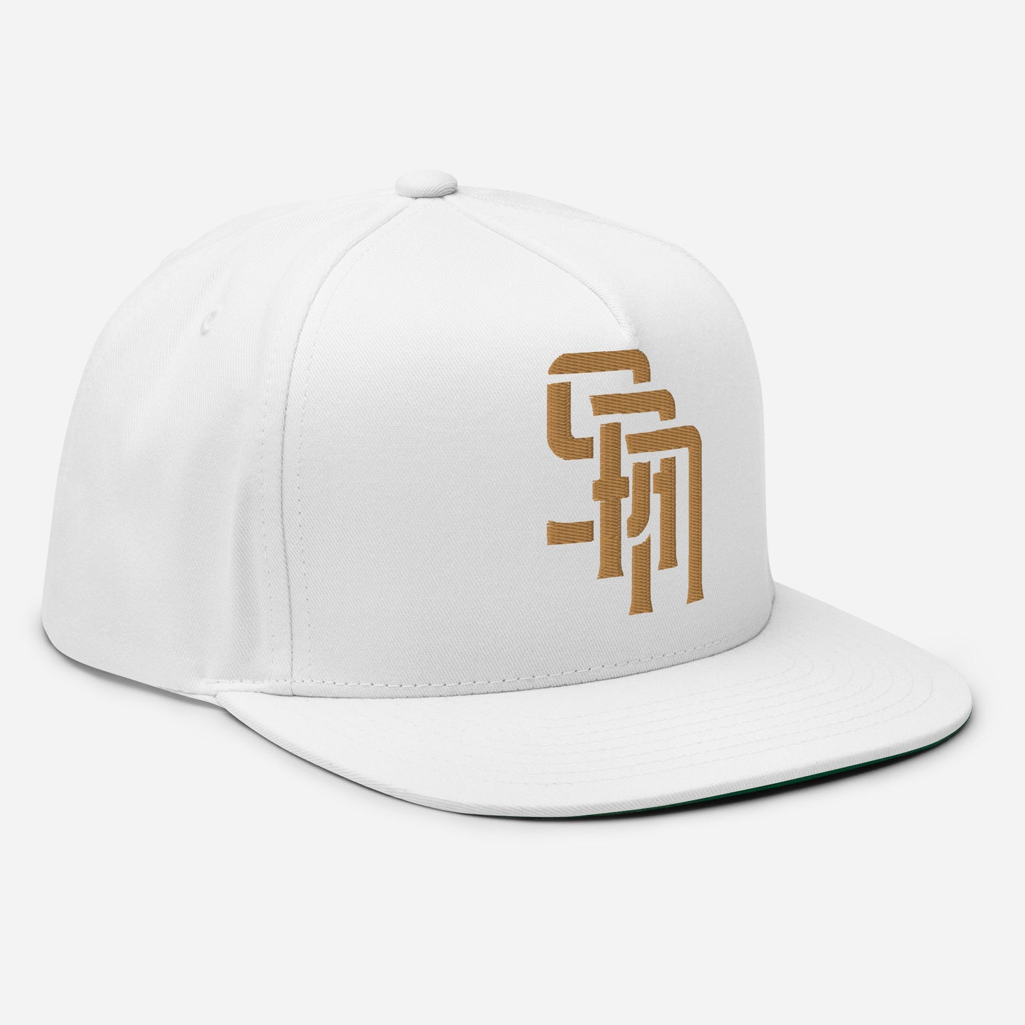 "SAN" Flat Bill Cap | Yupoong 6007 | E Luna Brand ESSENTIAL Duocrest 2 Old Gold Thread Logos: Front & Left