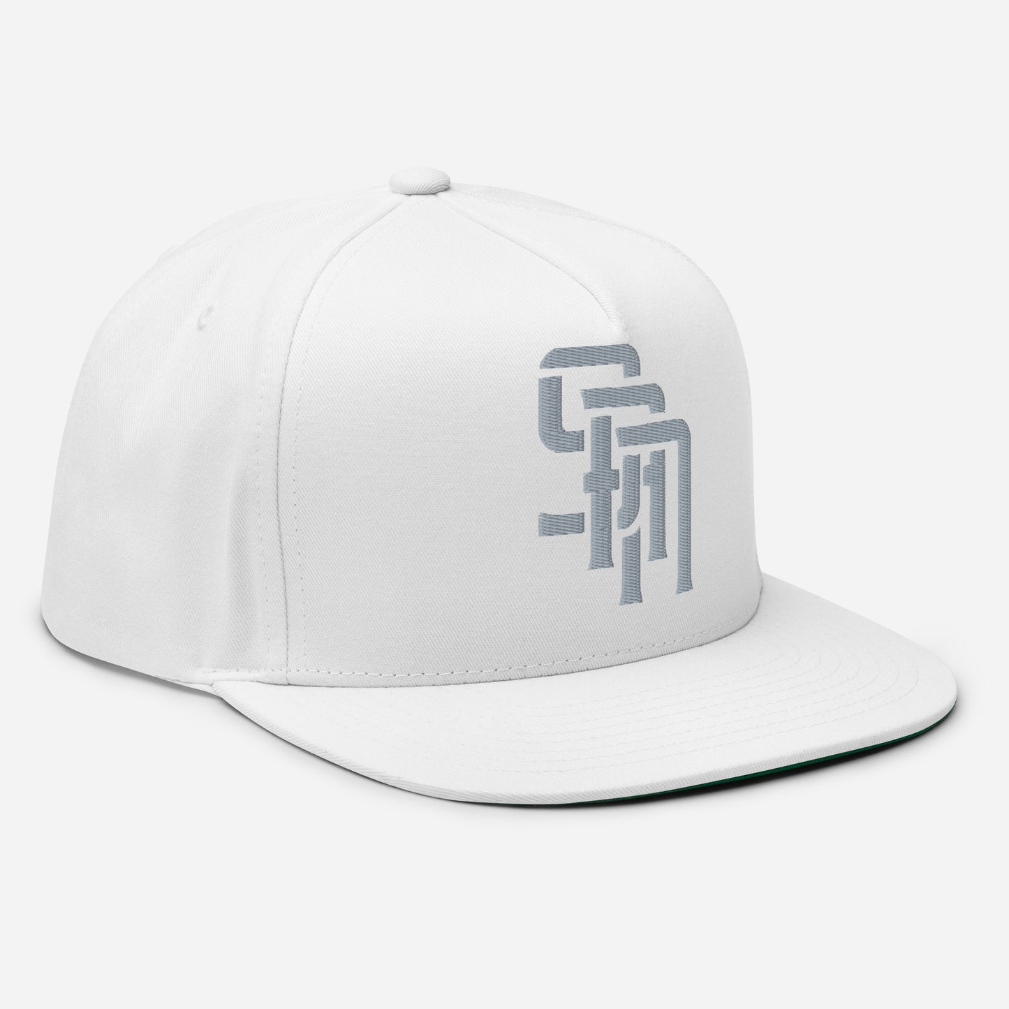 "SAN" Flat Bill Cap | Yupoong 6007 | E Luna Brand ESSENTIAL Duocrest 2 Grey Thread Logos: Front & Left