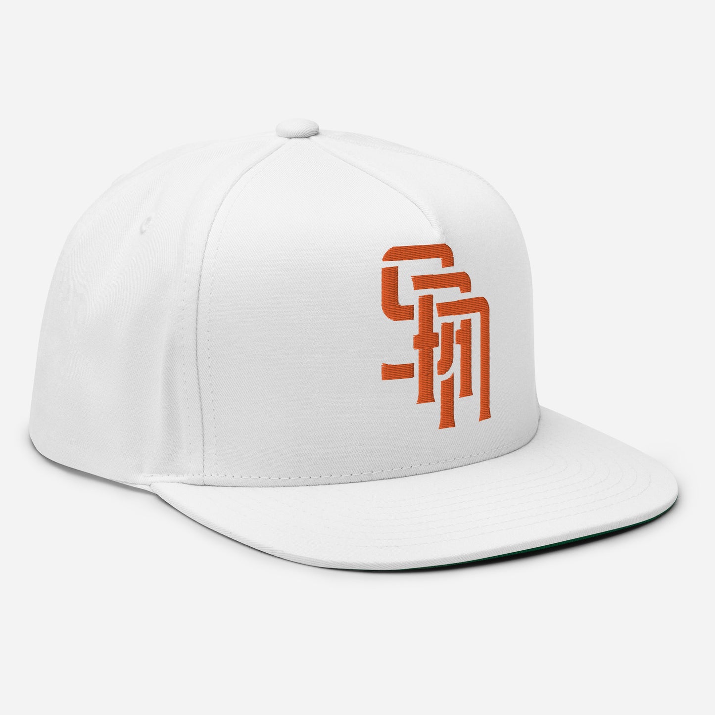 "SAN" Flat Bill Cap | Yupoong 6007 | E Luna Brand ESSENTIAL Duocrest 2 Orange Thread Logos: Front & Left