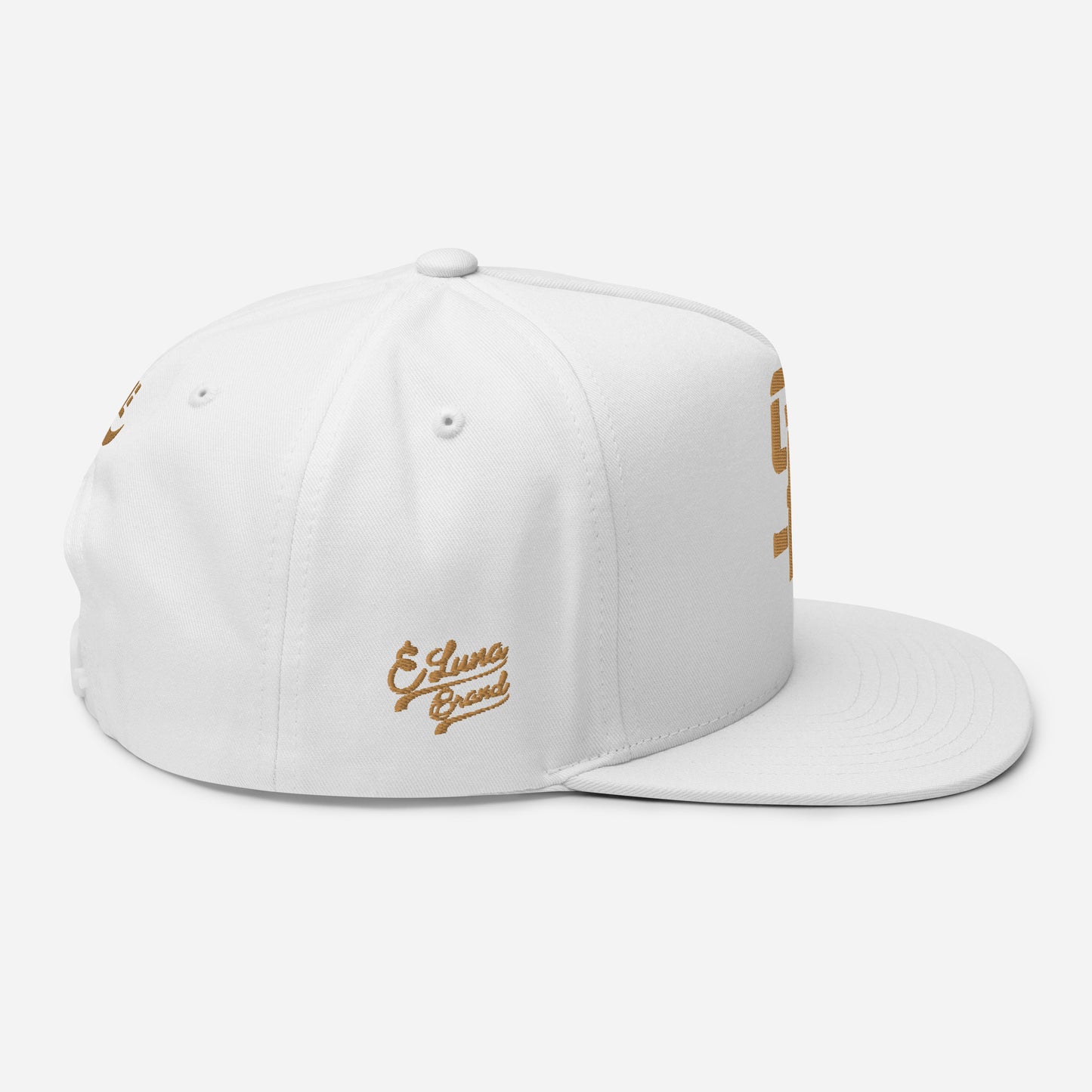 "SAN" Flat Bill Cap | E Luna Brand PREMIUM | 4 Old Gold Thread Logos | 3D Puff Edition