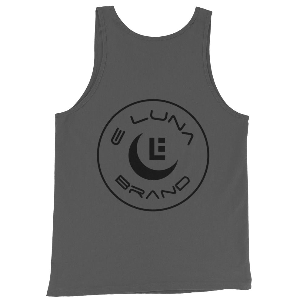 "SAN" Men’s Staple Tank Top | E Luna Brand CHOICE | 2 Black Logos: Front Left & Back