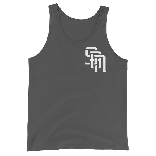 "SAN" Men’s Staple Tank Top | E Luna Brand CHOICE | 2 White Logos: Front Left & Back