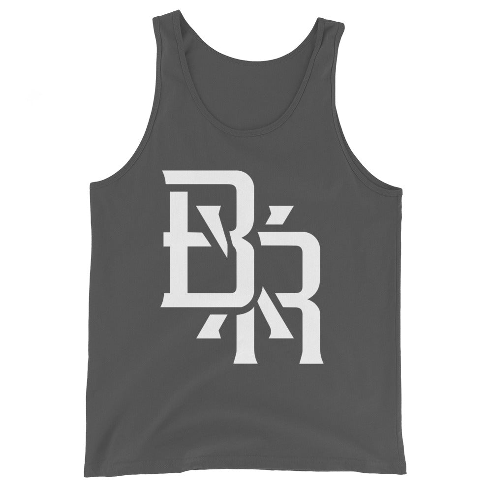 "BXR" Men’s Staple Tank Top | Bella + Canvas 3480 | E Luna Brand CHOICE Duocrest 2 White Logos: Front Center (Large) & Outside Back Label