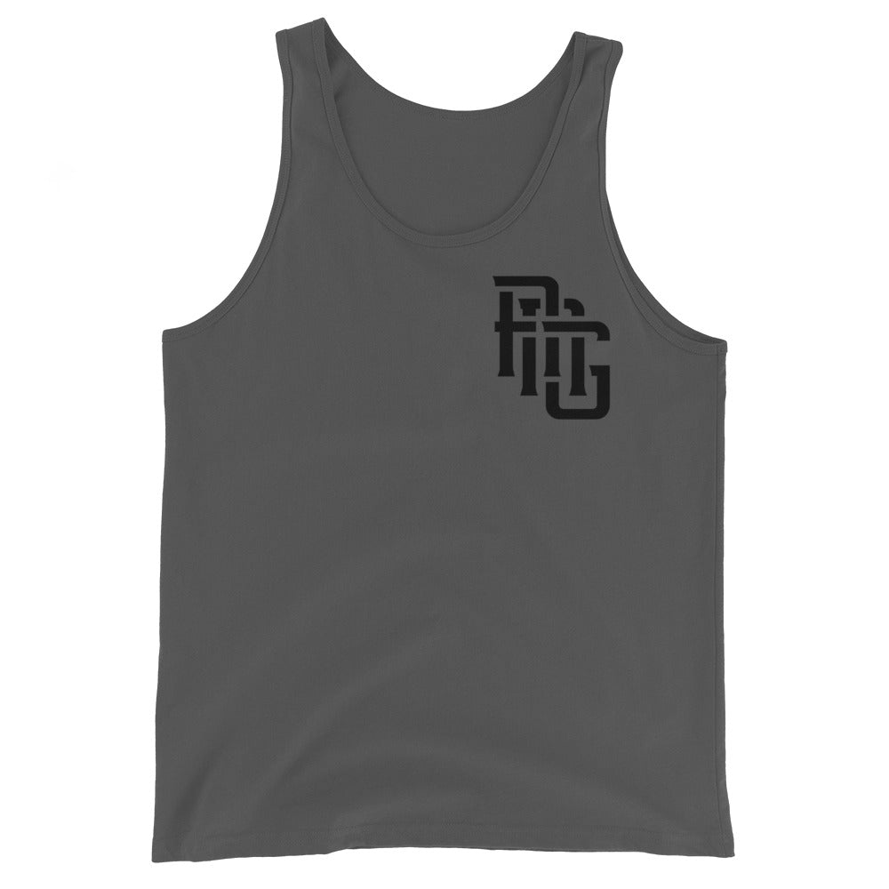 "ANG" Men’s Staple Tank Top | Bella + Canvas 3480 | E Luna Brand CHOICE Duocrest 2 Black Logos: Front Upper Left & Back (Large)