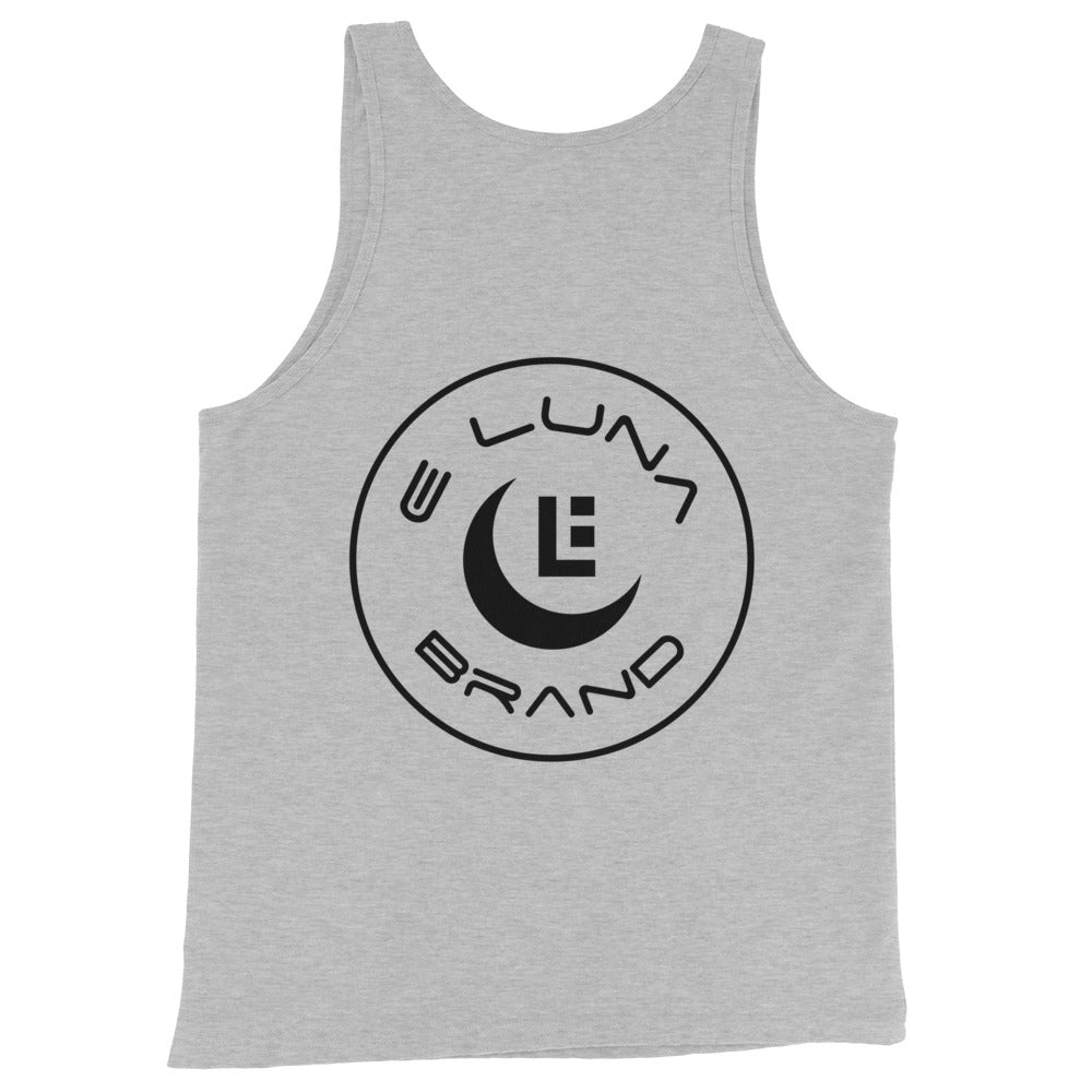 "SAN" Men’s Staple Tank Top | E Luna Brand CHOICE | 2 Black Logos: Front Left & Back