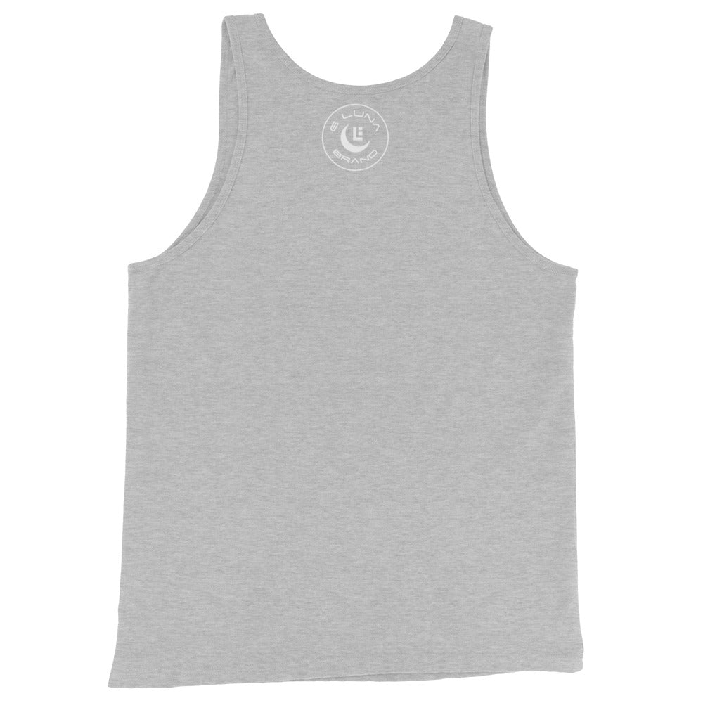 "ANG" Men’s Staple Tank Top | Bella + Canvas 3480 | E Luna Brand CHOICE Duocrest 2 White Logos: Front Upper Left & Outside Back Label