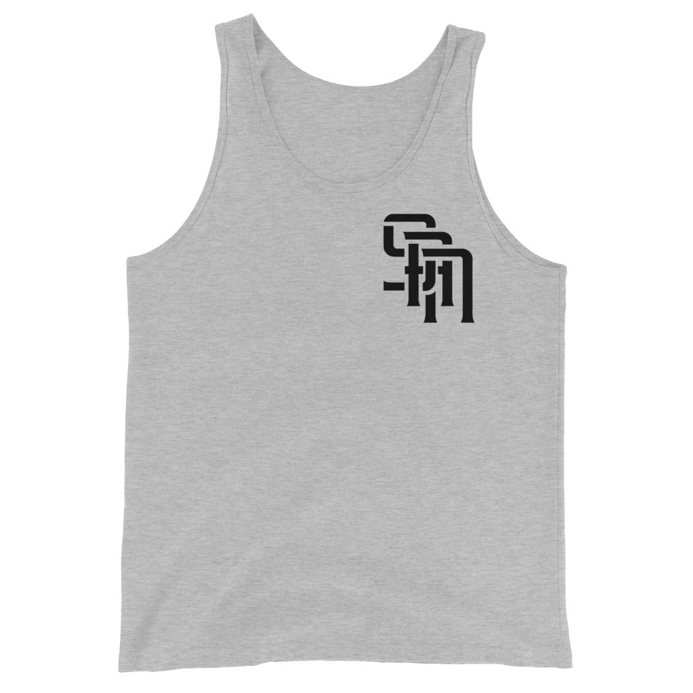"SAN" Men’s Staple Tank Top | E Luna Brand CHOICE | 2 Black Logos: Front Left & Back