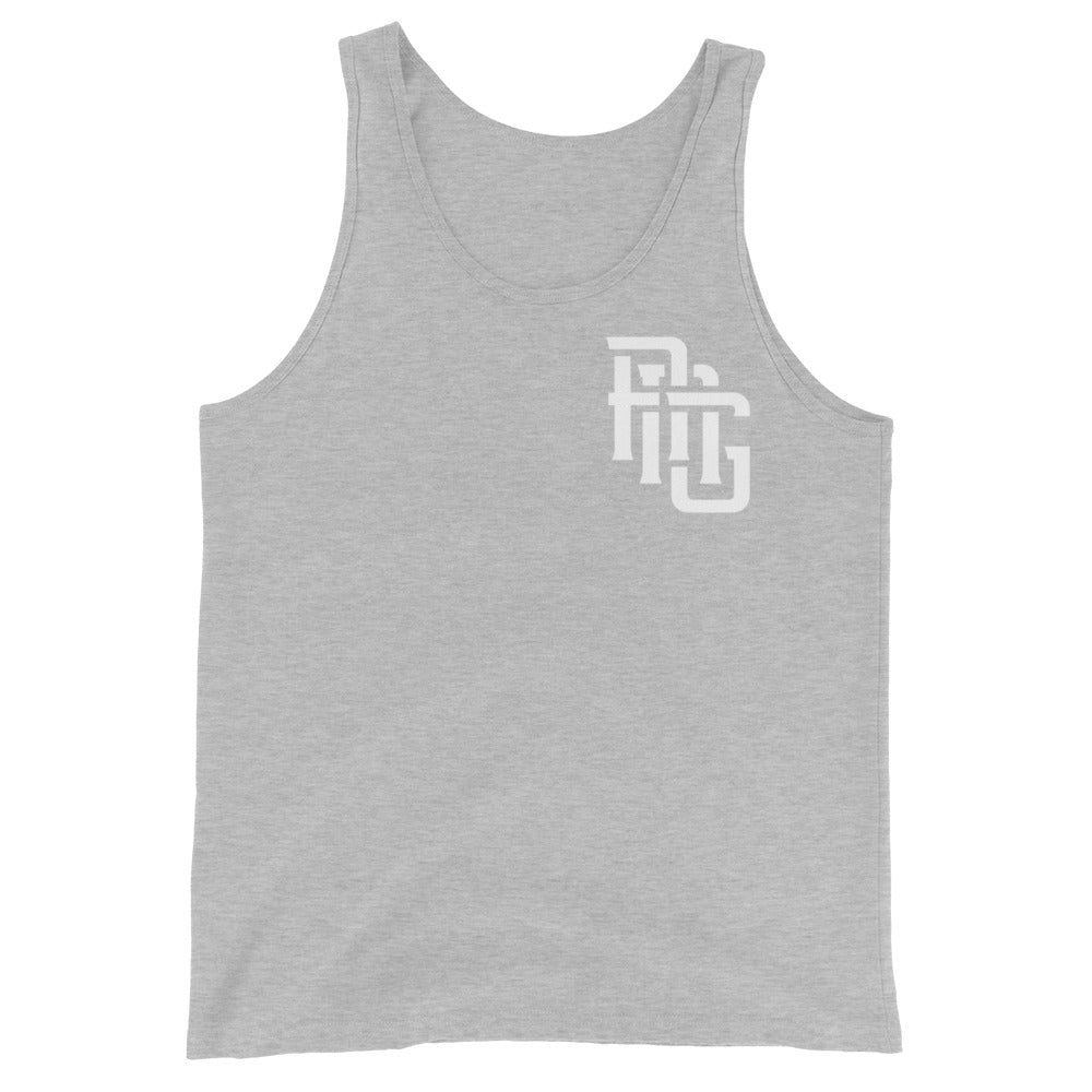 Camiseta sin mangas básica para hombre "ANG" | Bella + Canvas 3480 | MARCA E Luna ELECCIÓN de dos logotipos blancos: parte superior izquierda delantera y etiqueta exterior trasera