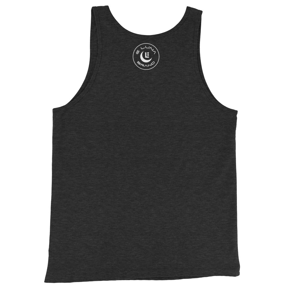 "SAN" Men’s Staple Tank Top | E Luna Brand CHOICE | 2 White Logos: Front & Outside Back Label