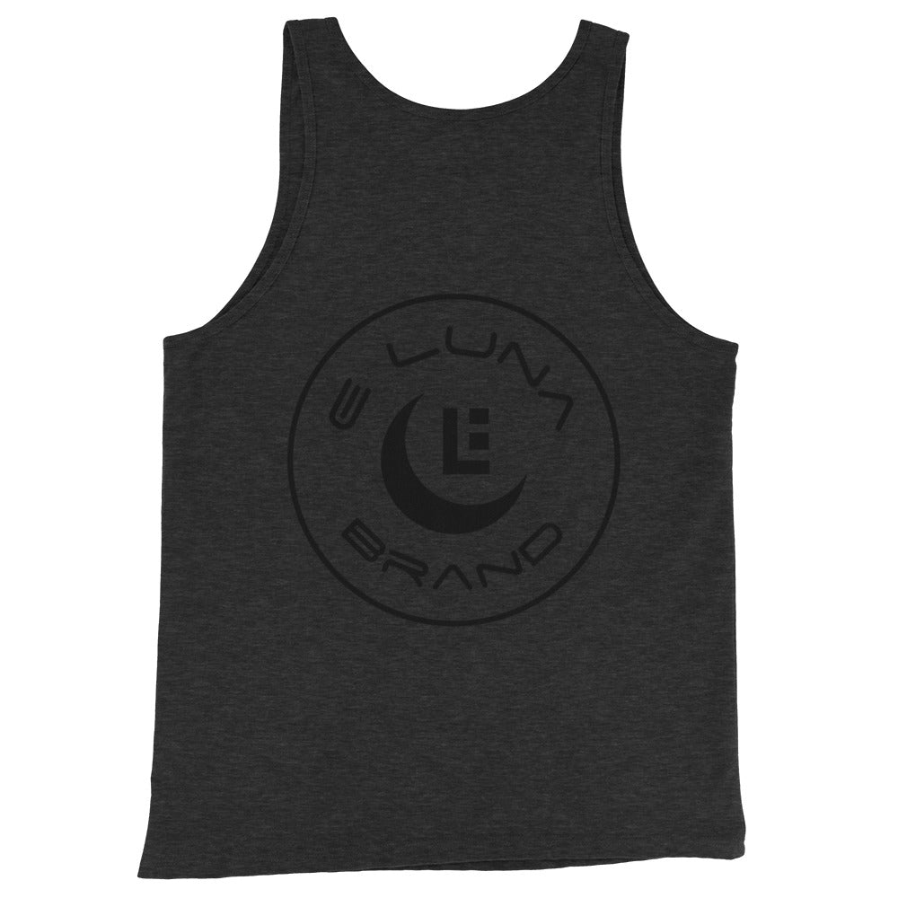 "SAN" Men’s Staple Tank Top | E Luna Brand CHOICE | 2 Black Logos: Front Left & Back