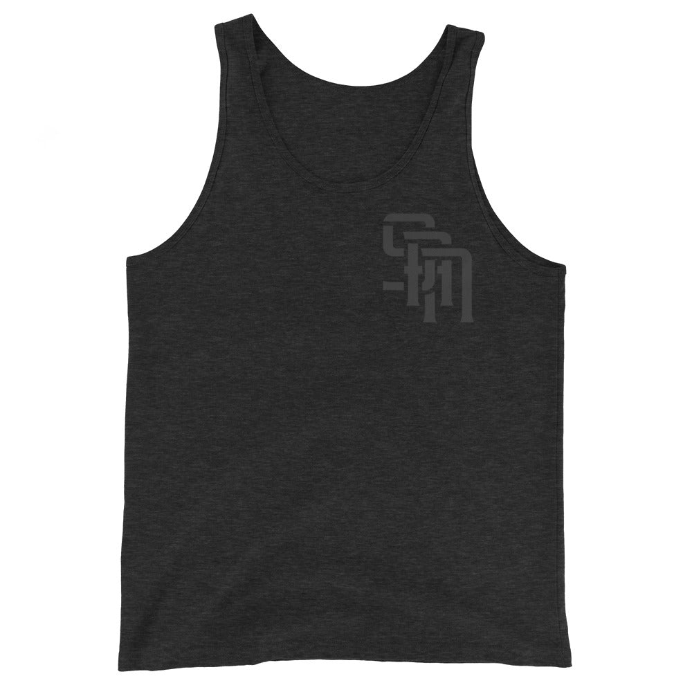 "SAN" Men’s Staple Tank Top | E Luna Brand CHOICE | 2 Black Logos: Front Left & Back