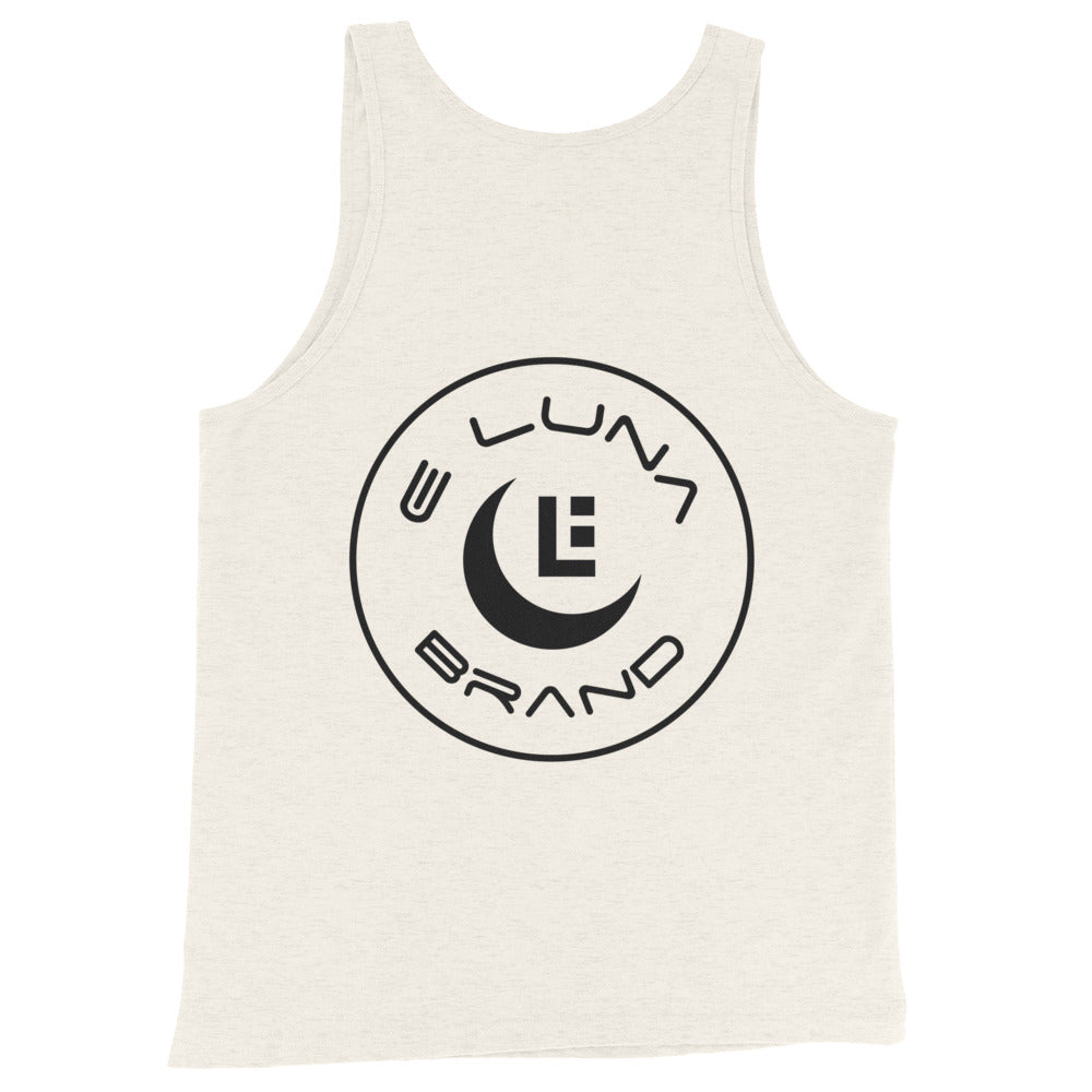 "SAN" Men’s Staple Tank Top | E Luna Brand CHOICE | 2 Black Logos: Front Left & Back