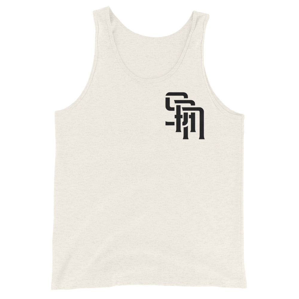 "SAN" Men’s Staple Tank Top | E Luna Brand CHOICE | 2 Black Logos: Front Left & Back