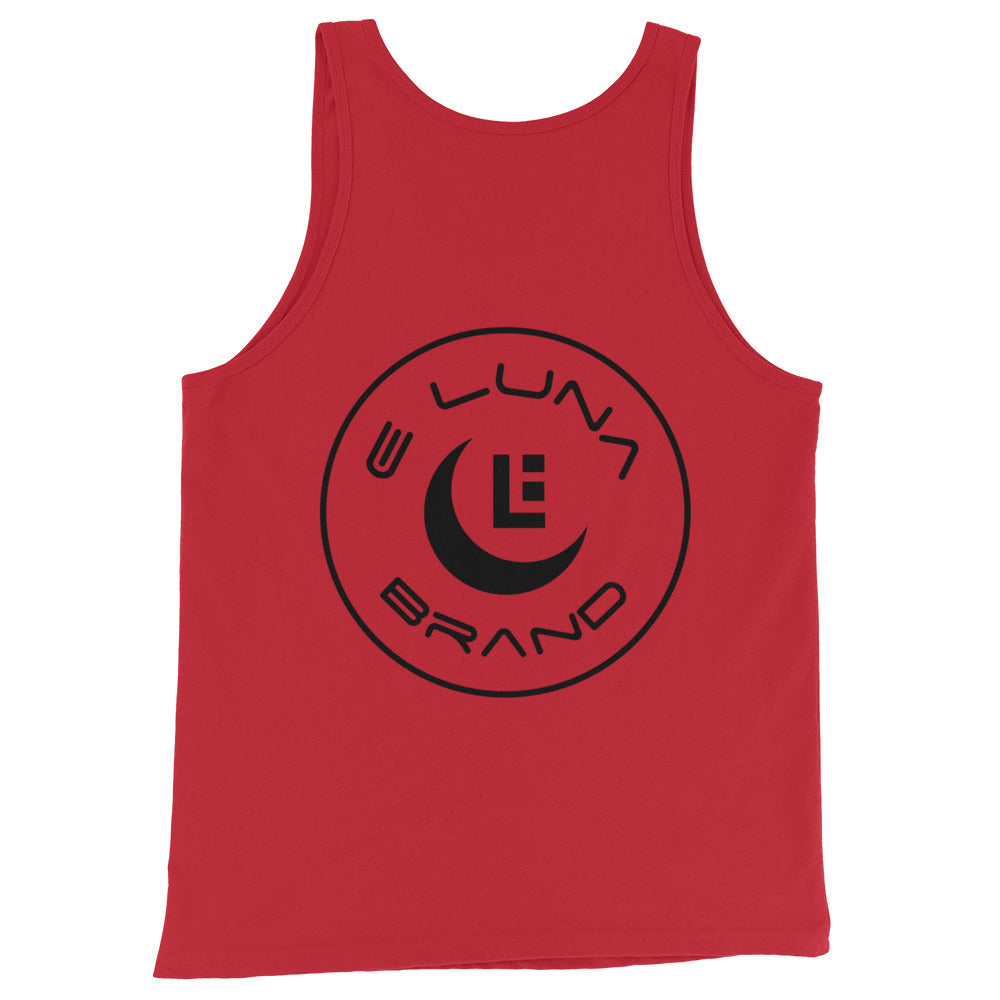 "SAN" Men’s Staple Tank Top | E Luna Brand CHOICE | 2 Black Logos: Front Left & Back