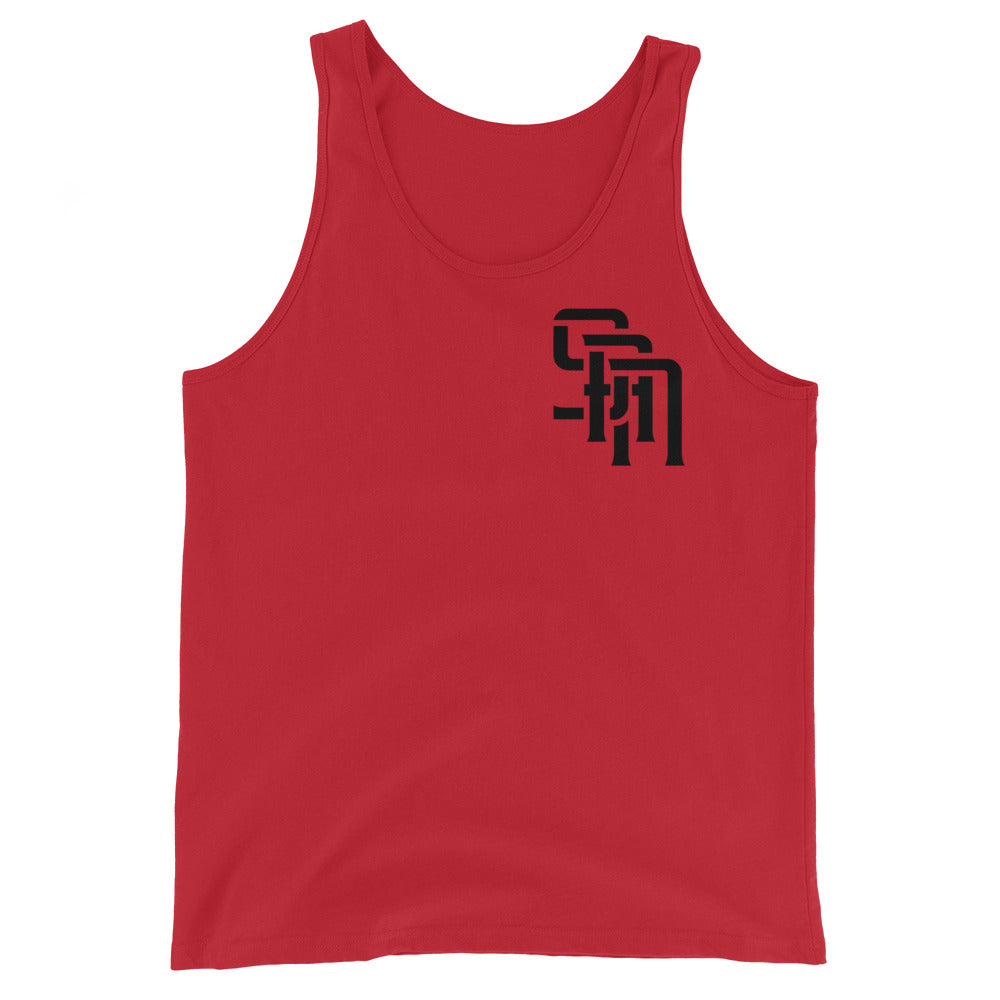 "SAN" Men’s Staple Tank Top | E Luna Brand CHOICE | 2 Black Logos: Front Left & Back