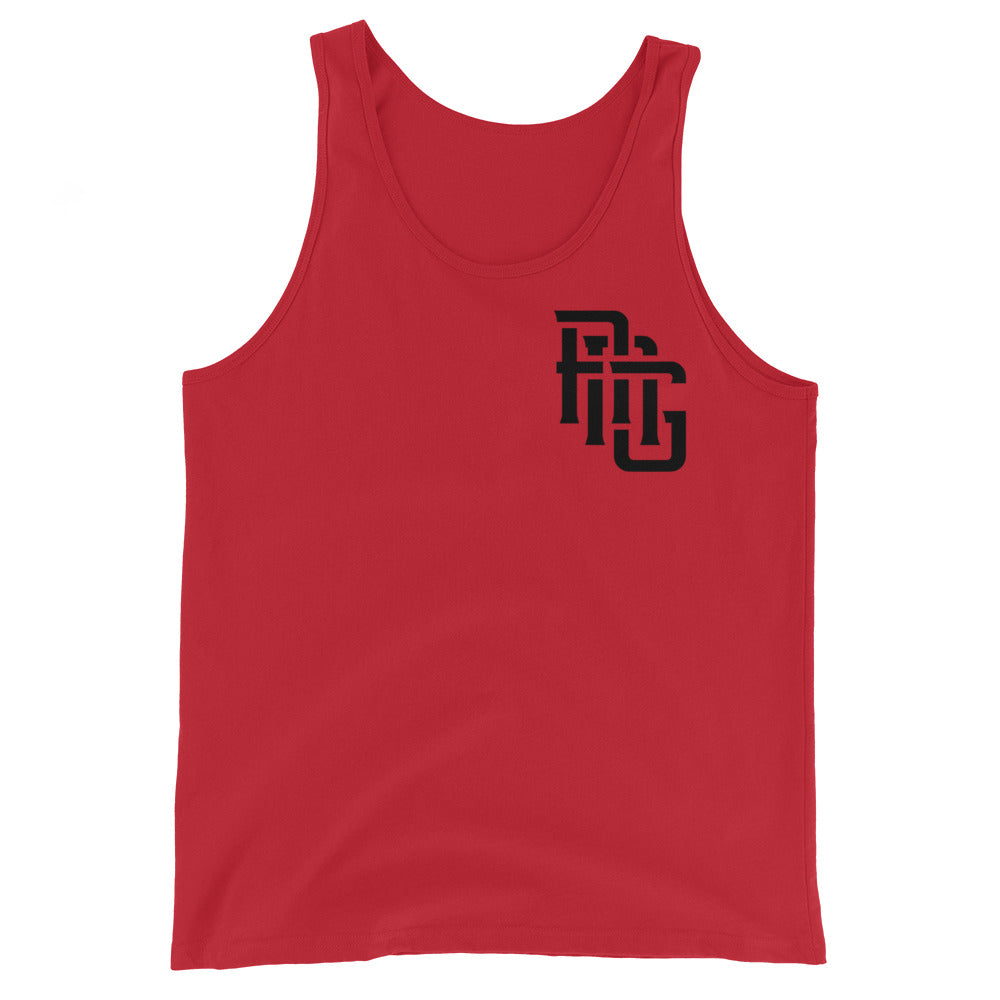 "ANG" Men’s Staple Tank Top | Bella + Canvas 3480 | E Luna Brand CHOICE Duocrest 2 Black Logos: Front Upper Left & Back (Large)