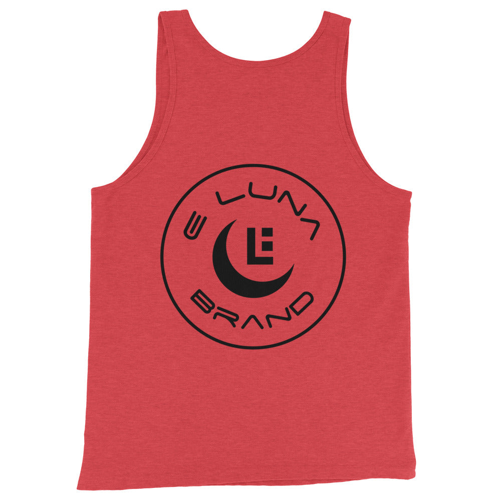 "SAN" Men’s Staple Tank Top | E Luna Brand CHOICE | 2 Black Logos: Front Left & Back