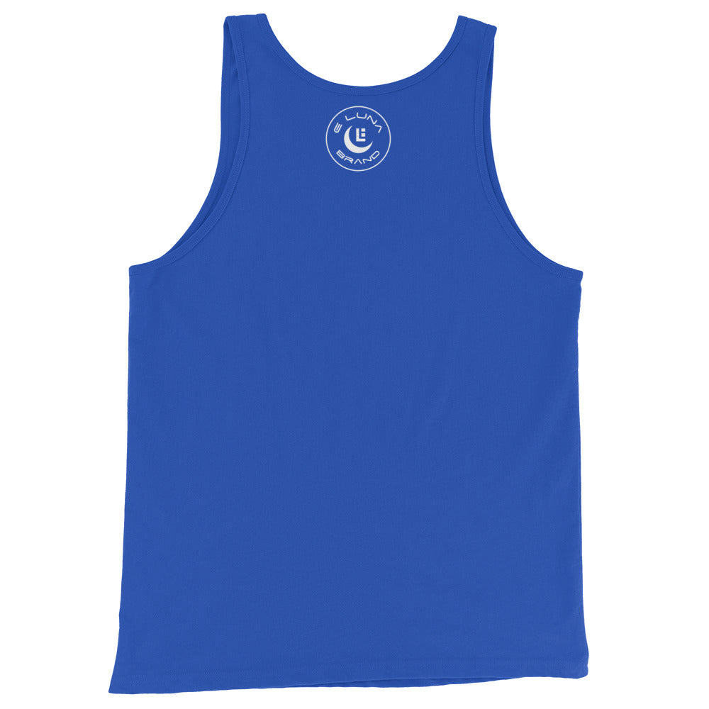 "SAN" Men’s Staple Tank Top | E Luna Brand CHOICE | 2 White Logos: Front & Outside Back Label