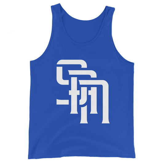 "SAN" Men’s Staple Tank Top | E Luna Brand CHOICE | 2 White Logos: Front & Outside Back Label
