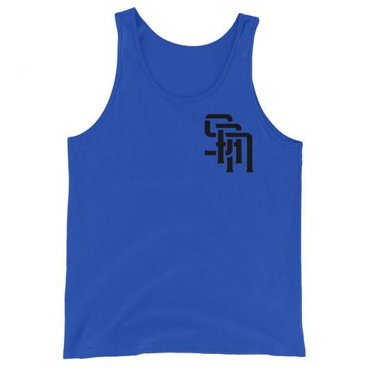 "SAN" Men’s Staple Tank Top | E Luna Brand CHOICE | 2 Black Logos: Front Left & Back