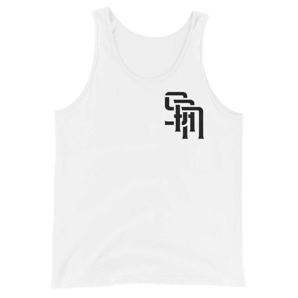 "SAN" Men’s Staple Tank Top | E Luna Brand CHOICE | 2 Black Logos: Front Left & Back