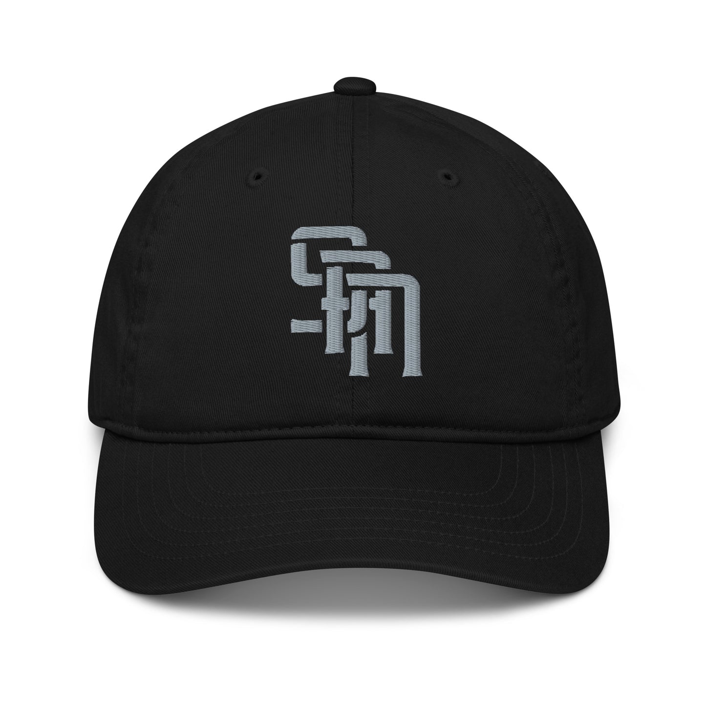 "SAN" Organic Baseball Cap | Econscious EC7000 | E Luna Brand ESSENTIAL Duocrest 2 Grey Thread Logos: Front & Left