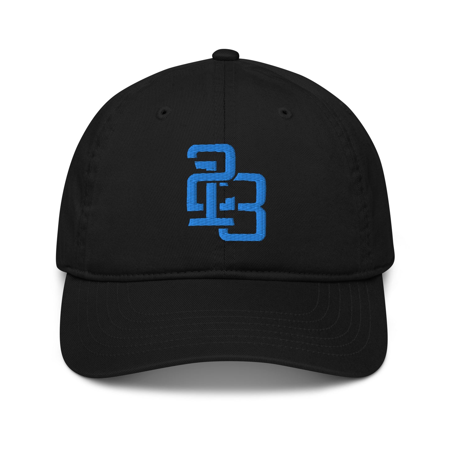 "213" Organic Baseball Cap | Econscious EC7000 | E Luna ESSENTIAL Duocrest 2 Aqua/Teal Thread Front & Left Side Logos