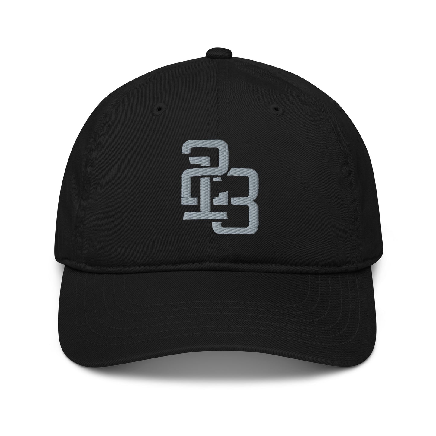 "213" Organic Baseball Cap | Econscious EC7000 | E Luna ESSENTIAL Duocrest 2 Grey Thread Front & Left Side Logos