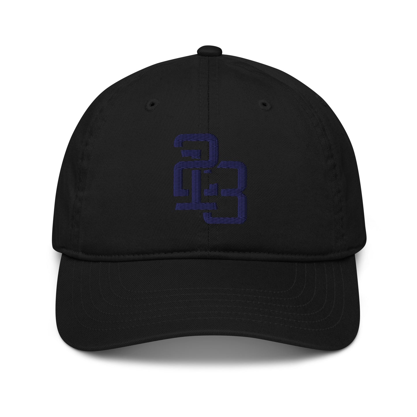 "213" Organic Baseball Cap | Econscious EC7000 | E Luna SELECT Duocrest 3 Navy Thread Front, Left Side & Back Logos
