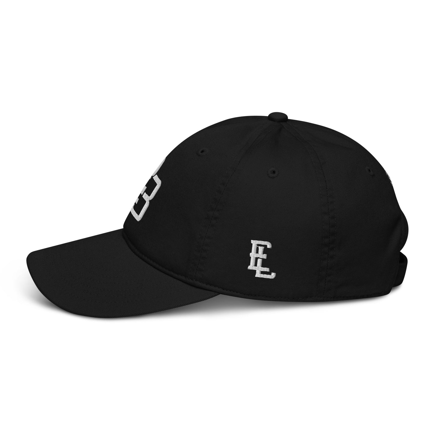"213" Organic Baseball Cap | Econscious EC7000 | E Luna SELECT Duocrest 3 White Thread Front, Left Side & Back Logos