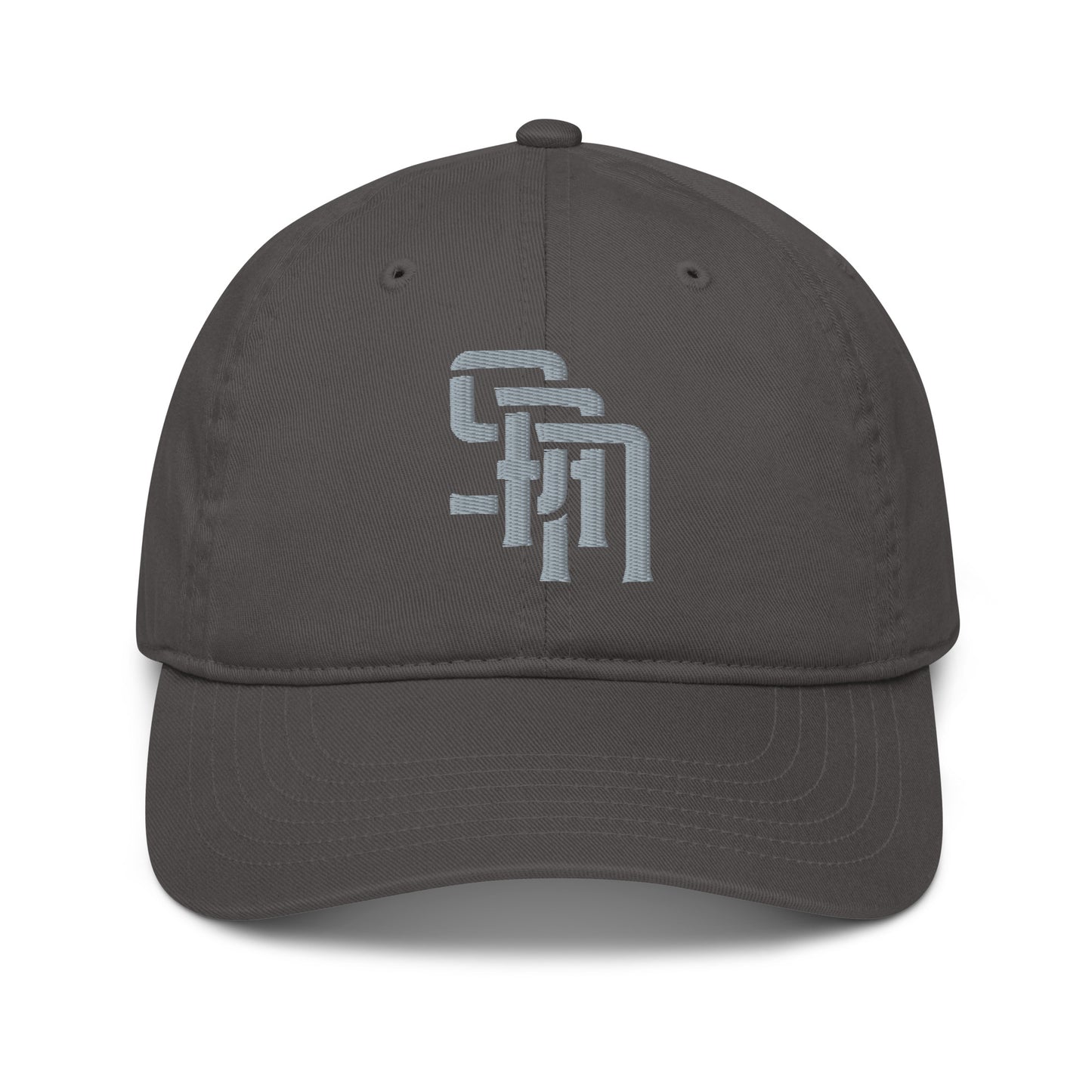 "SAN" Organic Baseball Cap | Econscious EC7000 | E Luna Brand ESSENTIAL Duocrest 2 Grey Thread Logos: Front & Left