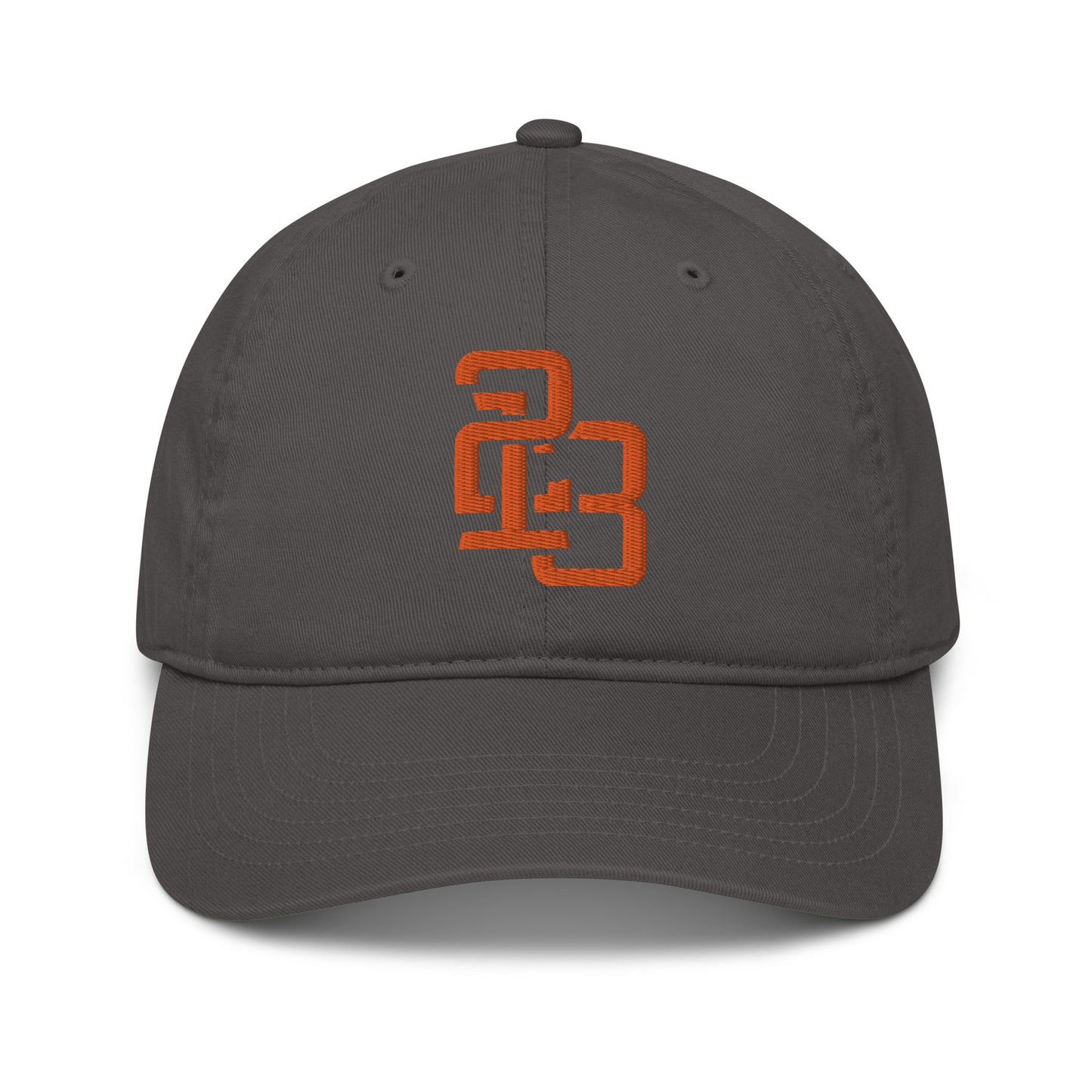 "213" Organic Baseball Cap | Econscious EC7000 | E Luna SELECT Duocrest 3 Orange Thread Front, Left Side & Back Logos