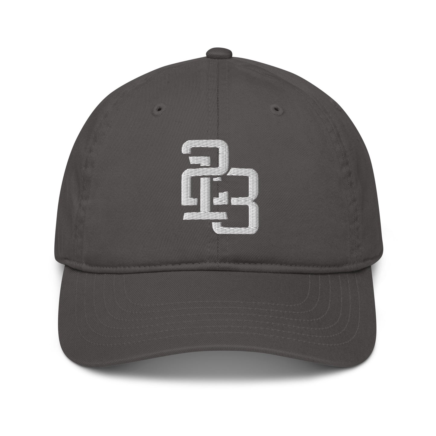 "213" Organic Baseball Cap | Econscious EC7000 | E Luna SELECT Duocrest 3 White Thread Front, Left Side & Back Logos