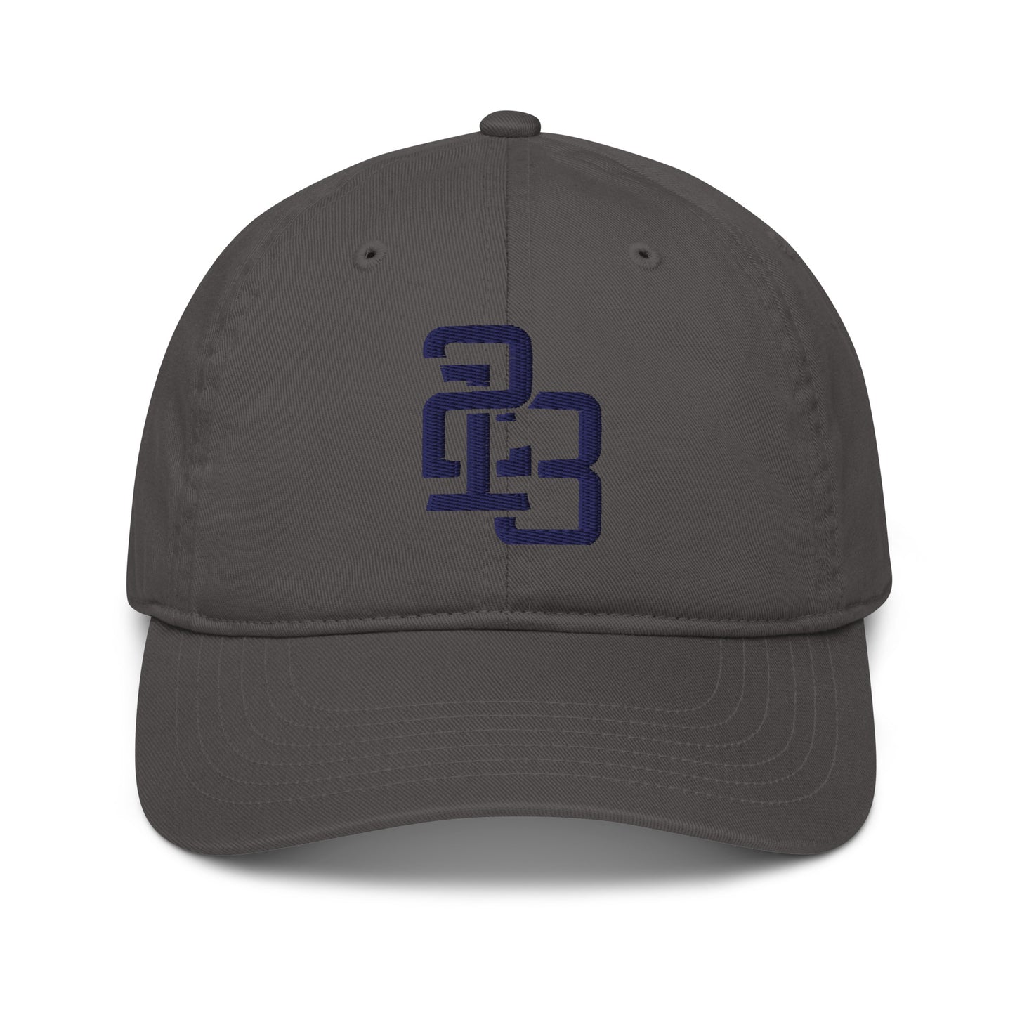 "213" Organic Baseball Cap | Econscious EC7000 | E Luna SELECT Duocrest 3 Navy Thread Front, Left Side & Back Logos