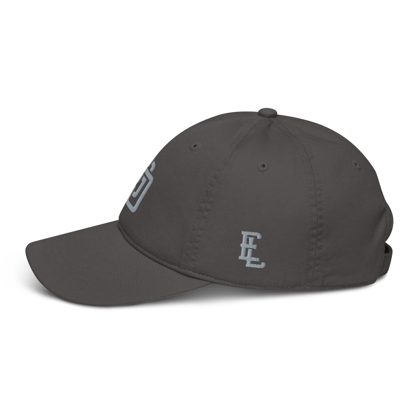 "DGO" Organic Baseball Cap | Econscious EC7000 | E Luna Brand ESSENTIAL Duocrest 2 Grey Thread Logos: Front & Left