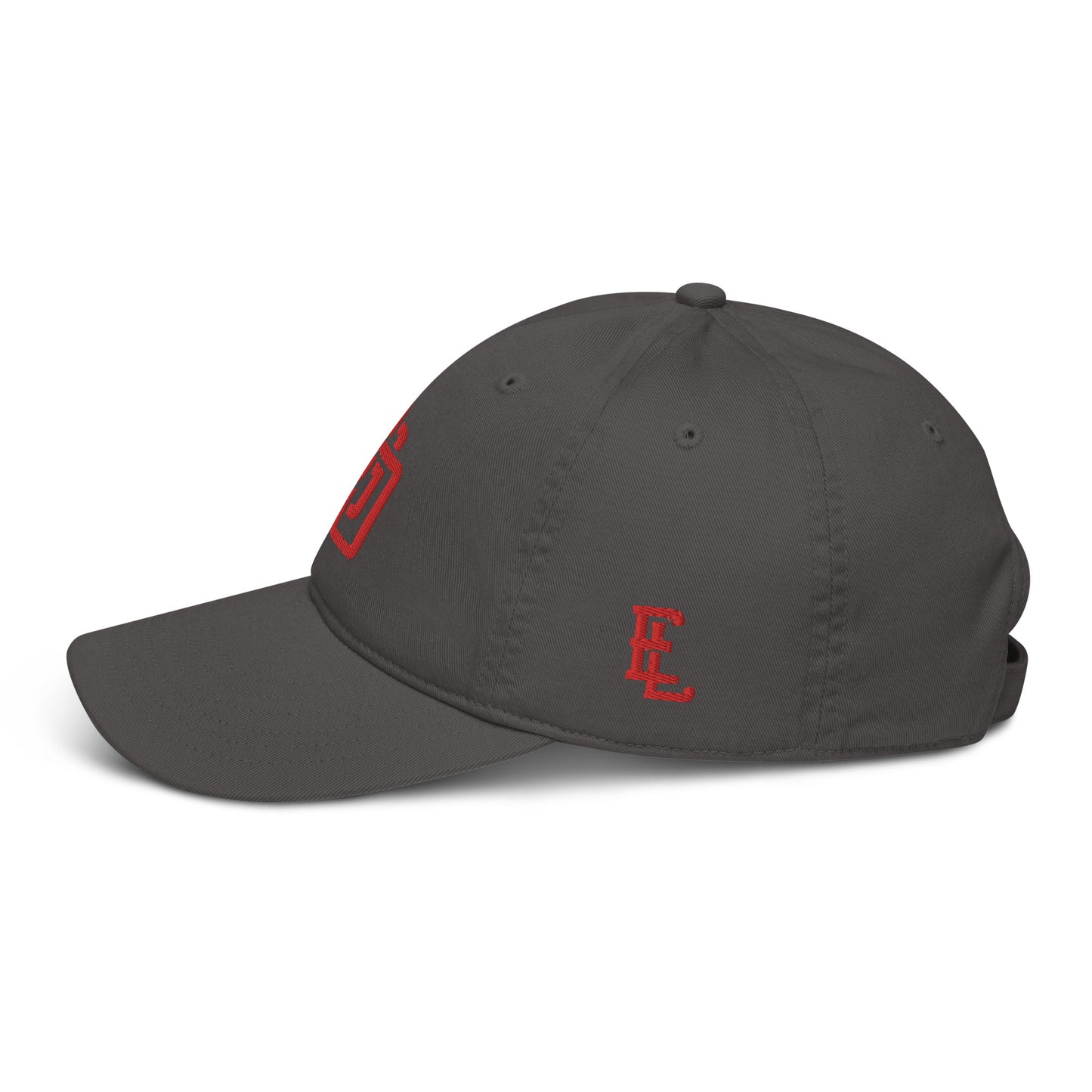 "DGO" Organic Baseball Cap | Econscious EC7000 | E Luna Brand ESSENTIAL Duocrest 2 Red Thread Logos: Front & Left