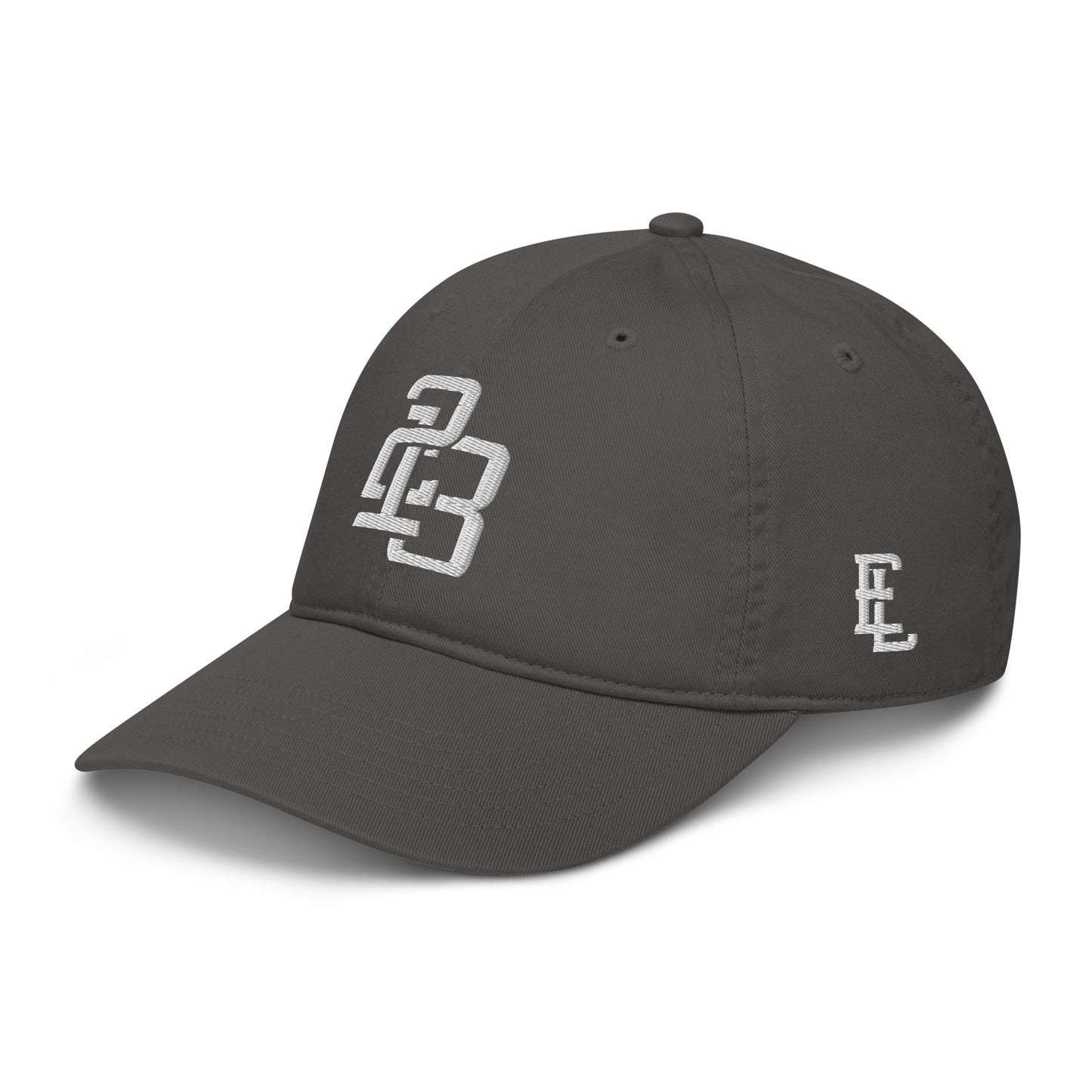 "213" Organic Baseball Cap | Econscious EC7000 | E Luna SELECT Duocrest 3 White Thread Front, Left Side & Back Logos