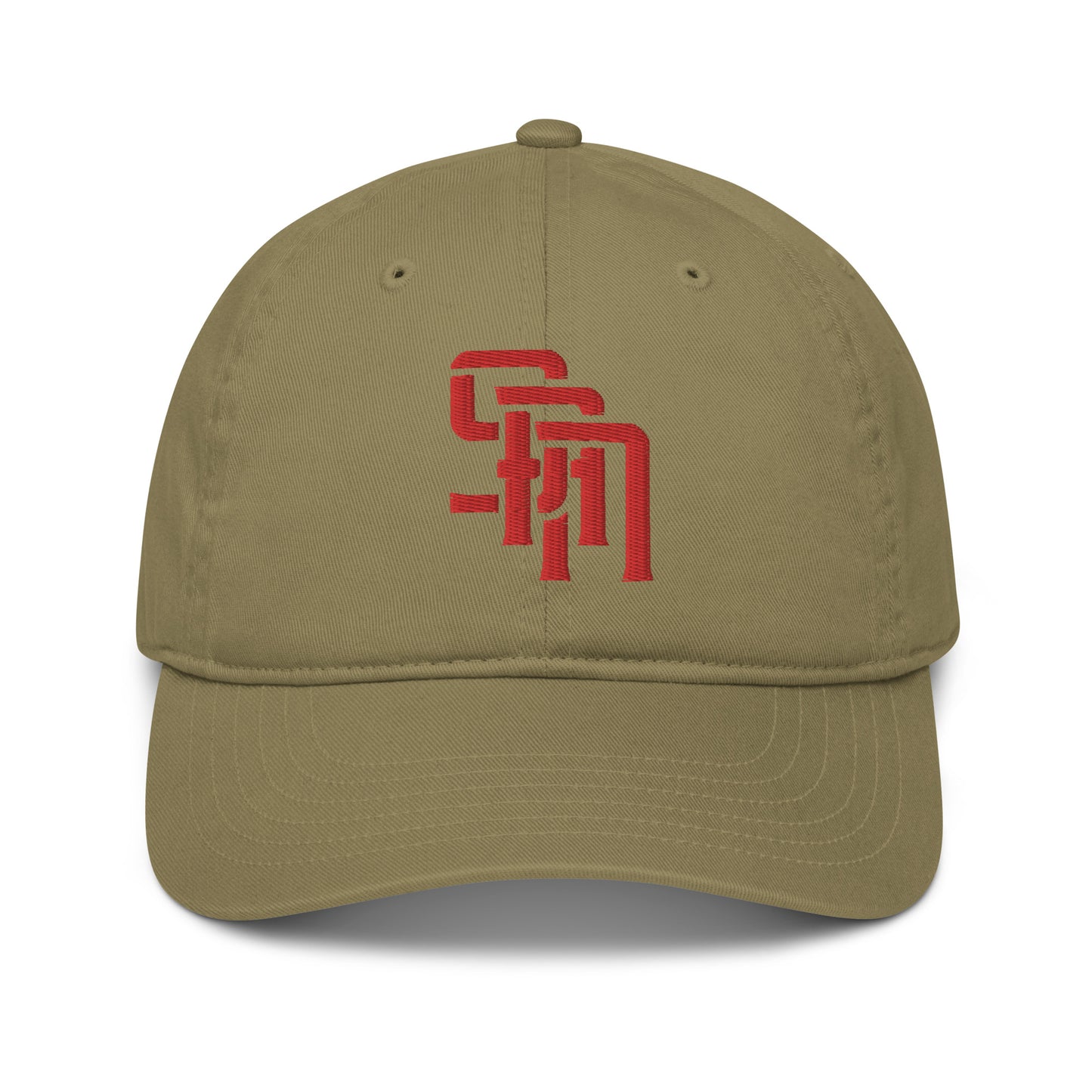 "SAN" Organic Baseball Cap | Econscious EC7000 | E Luna Brand ESSENTIAL Duocrest 2 Red Thread Logos: Front & Left