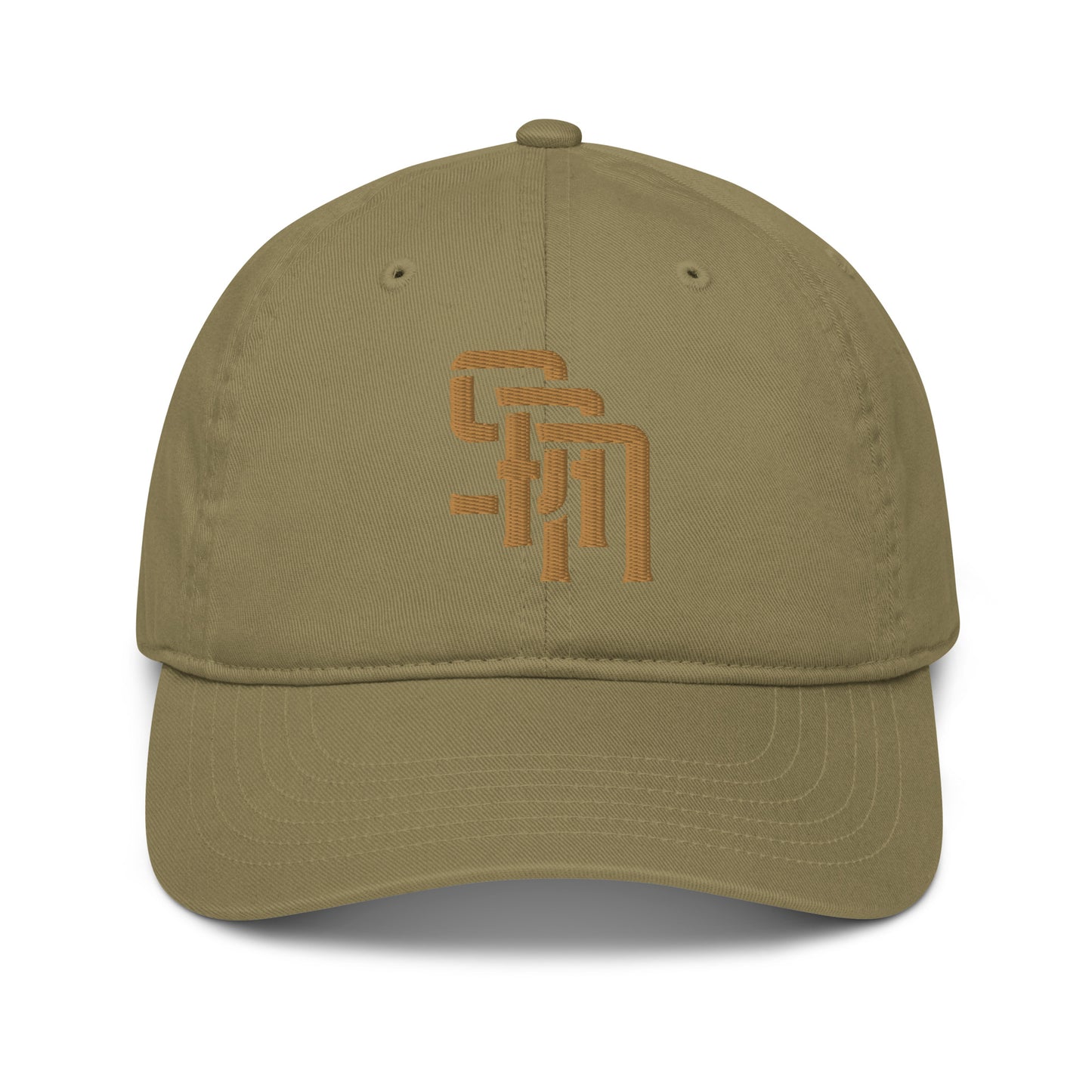 "SAN" Organic Baseball Cap | Econscious EC7000 | E Luna Brand ESSENTIAL Duocrest 2 Old Gold Thread Logos: Front & Left