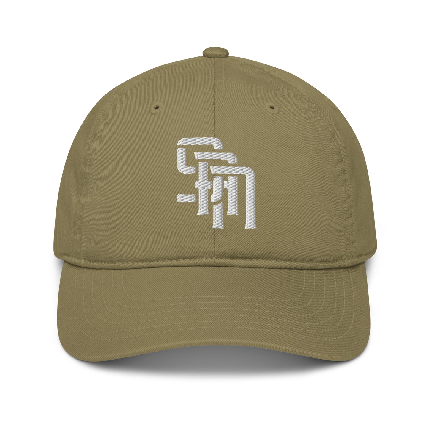 "SAN" Organic Baseball Cap | Econscious EC7000 | E Luna Brand ESSENTIAL Duocrest 2 White Thread Logos: Front & Left