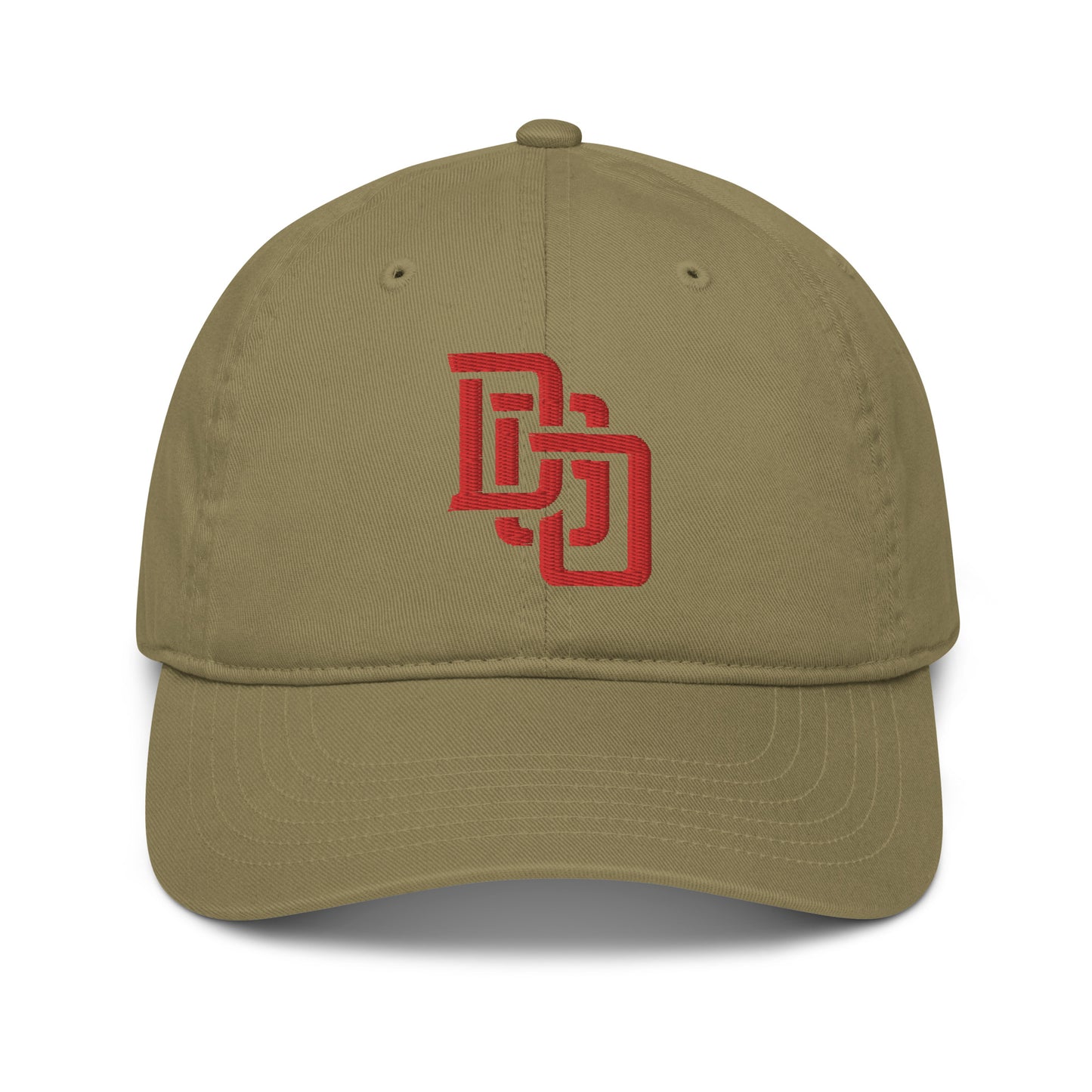 "DGO" Organic Baseball Cap | Econscious EC7000 | E Luna Brand ESSENTIAL Duocrest 2 Red Thread Logos: Front & Left